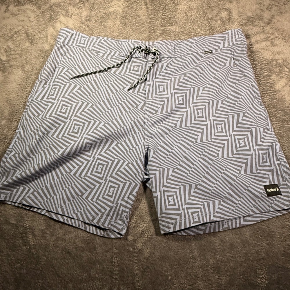 Hurley Mens Grey Blue Geometric Optical Illusion Board Shorts Swim Trunks Sz 40